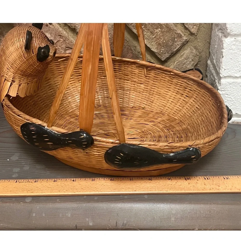 Vtg Shanghai Wicker Rare Panda basket wood and wicker Boho woven rattan Folk Art